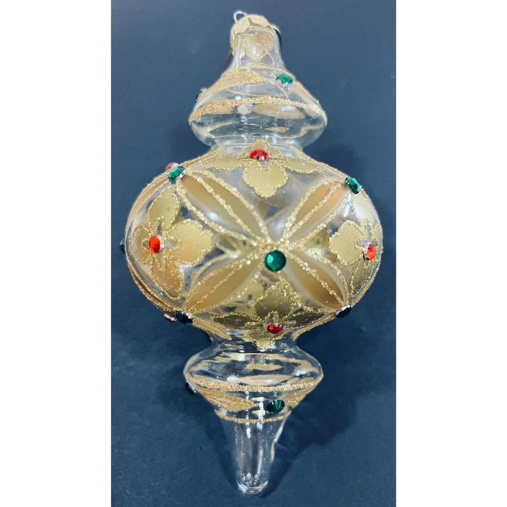 Christmas Ornaments Lot of 3 Hand Blown Painted Glass Gold jewels green red 6X3